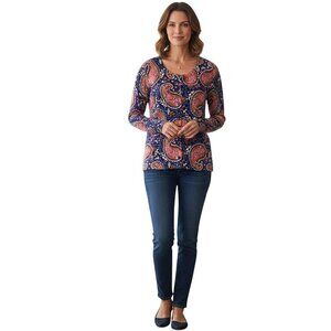 Talbots Merino Wool Blue Pink Paisley Classic Cardigan Sweater Size L